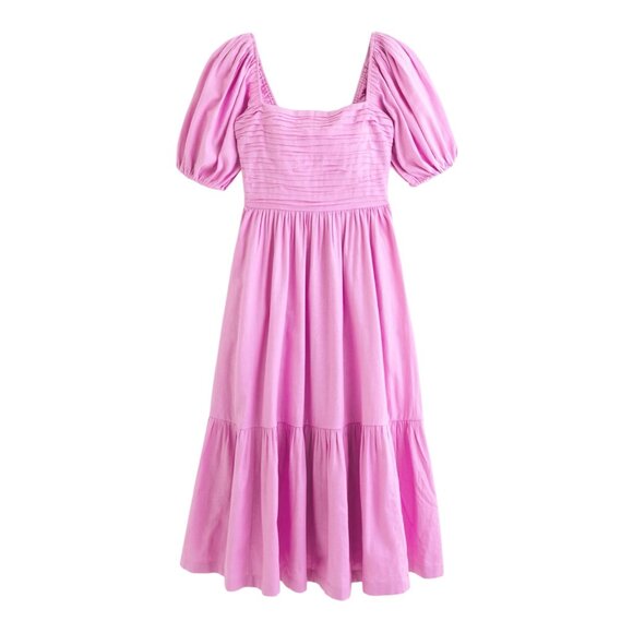 Abercrombie & Fitch Emerson Linen-Blend Puff Sleeve Midi Dress in Pink Size S - Picture 12 of 12